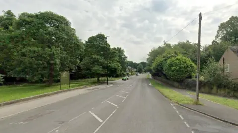 A Google Streetview image of Wetherby Road in Leeds. The road stretches off into the distance. On one side of the there are trees and grass and on the other side a telegraph pole and a brick-built bungalow.