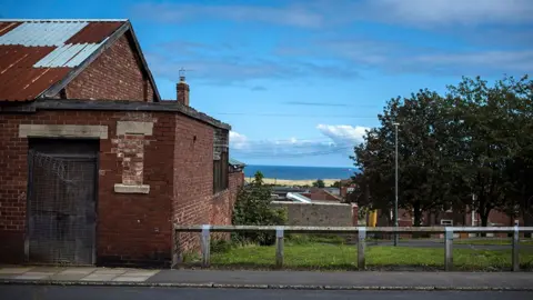 The coast at Horden in County Durham. A small patch of pavement and road runs in a strip in the foreground, with a slightly tattered, red-brick building to the left and a patch of grass and trees in green leaf to the right. Beyond the trees, barely visible through the leaves, are some red-brick terraced houses. Beyond those is a thin strip of sand with the North Sea behind it.