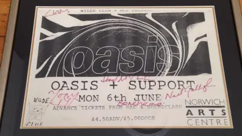 Norwich Arts Centre Oasis tour poster for Norwich Arts Centre gig signed by the members