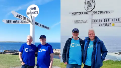 Mark and Quentin Stacy standing next to sign at John O'Groats (left) and Land's End (right) both wearing Cancer Research UK t-shirts