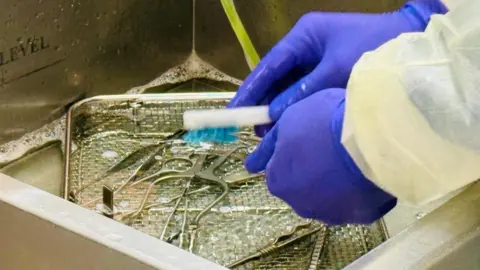 Surgically gloved hands using using a toothbrush to clean equipment in a sink.