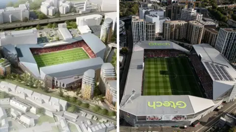 A composite image of Brentford FC/Getty shows the artist’s impression of the new stadium on the left, with a photo of the building on the right.