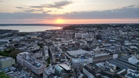 St Helier, Jersey, from above with the sunset 