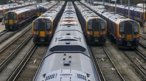 Getty Images A group of commuter trains sit in a railway siding