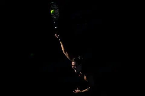 WANG Zhao/AFP Belarus's Aryna Sabalenka serves during the women's singles match against Madison Keys at the China Open tennis tournament in Beijing on 2 October, 2024. 