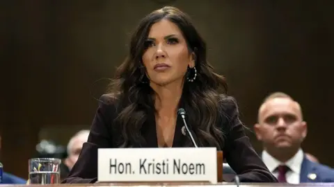 Kristi Noem sits before a US Senate panel conducting oversight over her agency, the Department of Homeland Security.