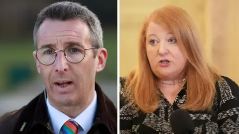 PA Media Composite image of Andrew Muir and Naomi Long. Andrew has shirt grey-ish hair, wearing glasses, and brown coat, white shirt and multi-coloured tie. Naomi has long ginger hair, wearing a necklace and black and white blouse.
