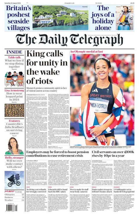 The headline in the Daily Telegraph reads: King calls for unity after riots