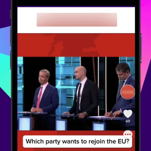 A graphic of a phone showing a screenshot from a TikTok video showing party leaders including Nigel Farage at a debate, with the caption: 