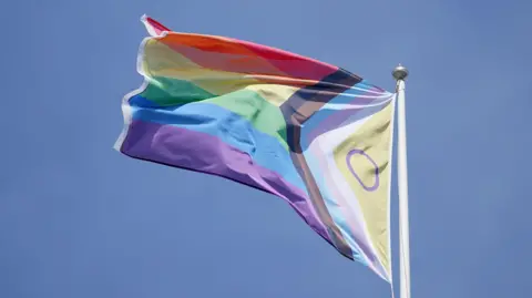 A colourful Pride flag featuring rainbow stripes waves on a white flagpole against a bright blue sky. The flag includes layered shapes and a yellow panel with a purple outlined circle near the edge.