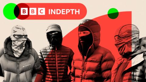 Four young men with their faces covered by balaclavas and face masks