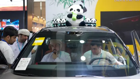 Zahir Mohammed Zahir al-Kaabi, who wears a beige turban, sits in a car with six toy pandas balanced on the roof