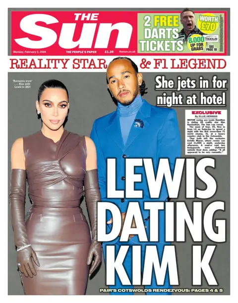 "Lewis dating Kim K," reads the headline on the front page of the Sun, next to a photo of F1 driver Lewis Hamilton and reality TV star Kim Kardashian.