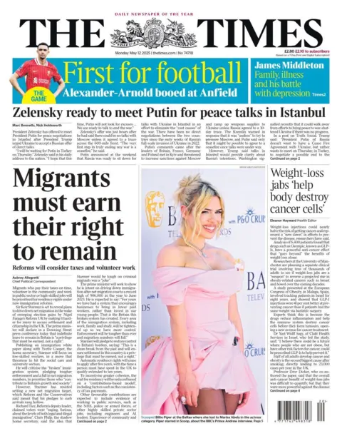 The Times front page on Monday 12 May 2025