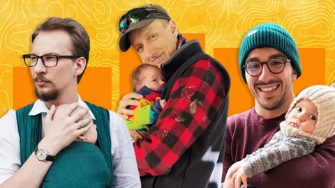 Three dads hold their babies. The picture is overlaid on a brightly coloured orange and yellow textured background.