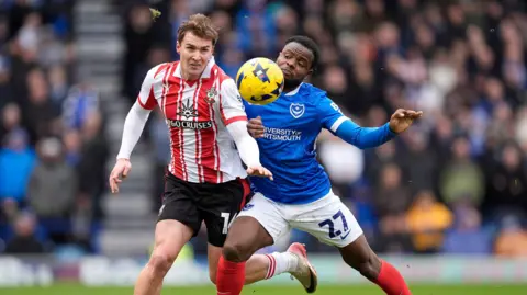 Southampton's James Bree (left) and Portsmouth's Millenic Alli battle for the ball during the Sky Bet Championship match at Fratton Park, Portsmouth. Picture date: Sunday January 25, 2026.