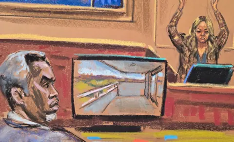 Reuters/Jane Rosenberg Courtroom sketch of Cassie Ventura's friend Bryana Bongolan with her arms over her head as Sean "Diddy" Combs watches from his chair.