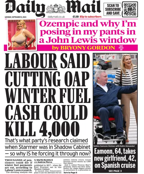 Daily Mail header  reads "Labour said cutting OAP wintertime  substance  currency  could termination  4,000" 