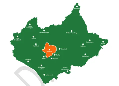 Leicestershire County Council A map of Leicestershire with the city of Leicester marked orange in the middle and the rest of the county in green 