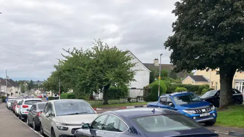 A road in a residential area is lined with cars.