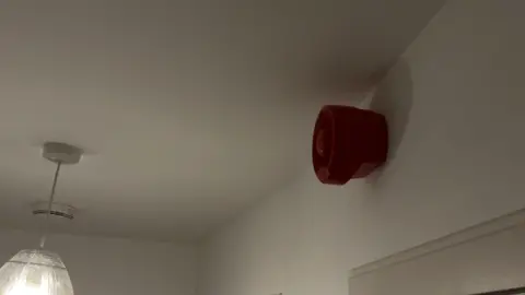 A red alarm installed above a doorway. on the left is another alarm for fire and a ceiling light.