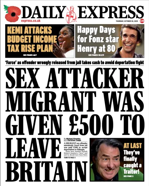 "Sex attacker migrant was given £500 to leave Britain" reads the headline on the front page of the Daily Express.