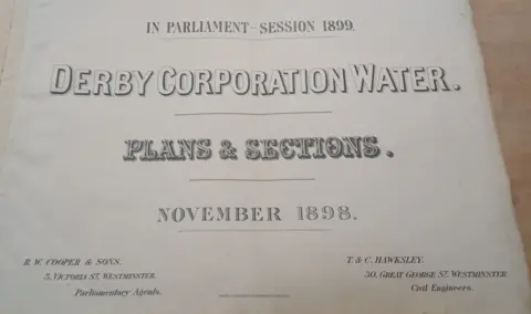 Severn Trent A white sheet of paper which reads "IN PARLIAMENT SESSION 1899. DERBY CORPORATION WATER. PLANS & SECTIONS. NOVEMBER 1898 with the names of the parliamentary agents and civil engineers at the bottom.
