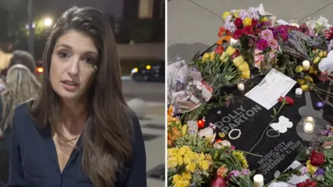 Split image, on the left BBC correspondent outside the Country Music Hall of Fame in Nashville and on the right are flowers for Dolly Parton