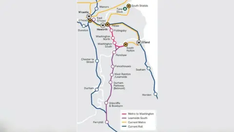 North East Combined Authority A map showing there possible stations on the Leamside Line could be. A purple Leamside South route includes stations at Penshaw, Fencehouses, West Rainton, Belmont, Shincliffe and Bobwurn, and Ferryhill. A pink Metro to Washington route shows stations at Follingsby, Washington North and Washington South. The existing rail line from Durham to Newcastle and Horden to Sunderland is in blue. The current Metro line between Sunderland, South Shields and Newcastle is in green and yellow.