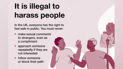The image is of a cropped poster with a pink background and the Home Office logo. In the top right hand corner, a label reads: Asylum Consequences of Behaviour. In large font, the poster reads "it is illegal to harass people" and in smaller print below, text reads: "In the UK, everyone has the right to feel safe in public. You must never: Make sexual comments to strangers, even as a compliment." 