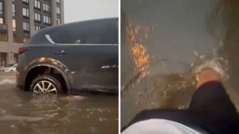 On the left, a black car drives in flooding water. On the right, a man walks in the water.