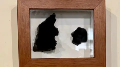 John Devine/BBC Two pieces of black shrapnel in a display case on a wall.