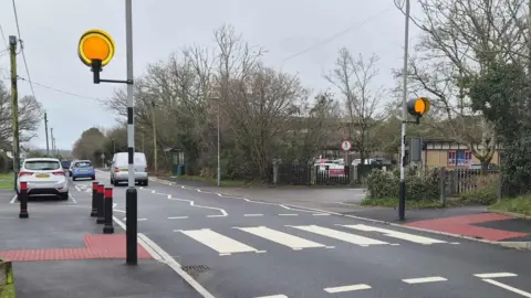 A zebra crossing on a two-way road outside a school.