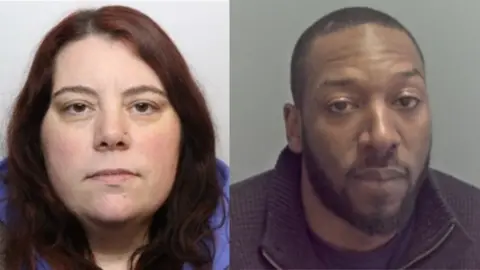 A man and a woman looking serious in police mugshots. She has long dark hair and is wearing what looks like a purple hoodie. He is wearing a dark checked coat