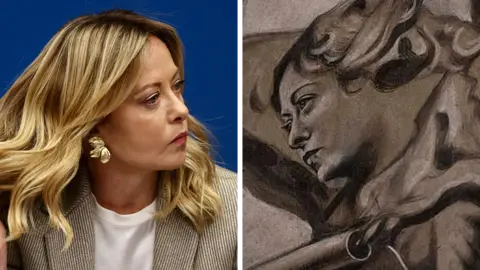 A split image of Giorgia Meloni and a close-up shot of the fresco. Meloni has short blonde hair and wears a large gold earring, a white t-shirt and a striped blazer. The fresco shows a woman's face, resembling Meloni, painted in black and grey.