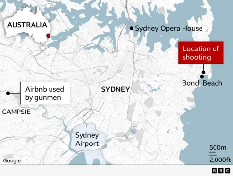 A map shows the location of the shooting at Bondi Beach and the Airbnb used by the gunman in the west