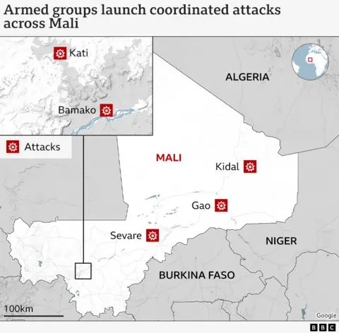 Map of Mali showing the different towns and cities that came under attack - Kidal, Gao, Sevare, Kati and Bamako