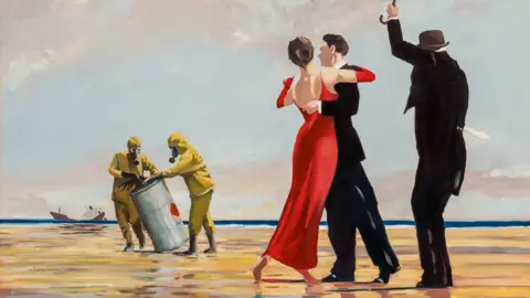 Crude Oil (Vettriano) by Banksy shows a couple dancing on a storm-swept beach accompanied by their butler and maid, but with two figures in yellow hazmat suits disposing of an oil drum in the background.