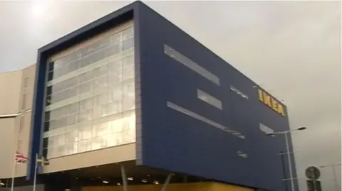 Archive image of the Ikea building when it opened in 2007. The image shows the building with the familiar yellow Ikea sign and blue cladding.