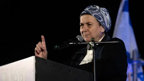 Daniella Weiss making a speech during a demonstration in West Jerusalem on February 27, 2025