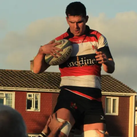 Pontypool RFC Ryan Thomas being lifted in the line out while playing for Pontypool RFC