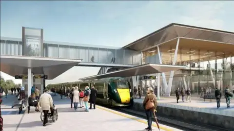 Cardiff Parkway Developments A computer generated image showing a green train at the proposed Cardiff Parkway station