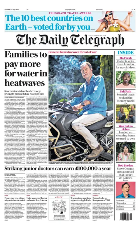 The headline on the front page of the Daily Telegraph reads: "Families to pay more for water in heatwaves".