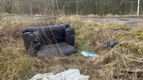 Photograph of a sofa and litter which have been left on the grass next to Rayner Lane in Ashton-under-Lyne.