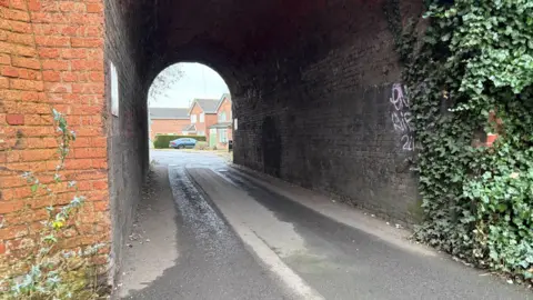 A tunnel underneath a bridge with some graffiti on the wall and houses on the other side.
