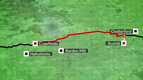 A map that shows part of the length of Hadrian's Wall with a black line across a green background. Part of the line is highlighted in red to show the stretch John Clayton owned. Crawfields sits on the far left of the red line, with Acomb highlighted on the far right. From left to right, Haltwhistle, Bardon Mill and Chollerford also also highlighted on the map.