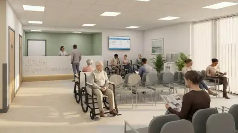 James Paget University Hospitals NHS Foundation Trust An artist's impression of a waiting room area inside a new Urgent Treatment Centre facility at the James Paget Hospital. In the background there is a reception area and then rows of chairs with visuals of people sitting there.