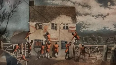 Henry Thomas Alken A number of men in red painting a building red 