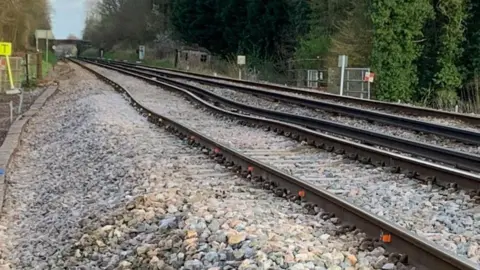 The railway line which has buckled near Edenbridge