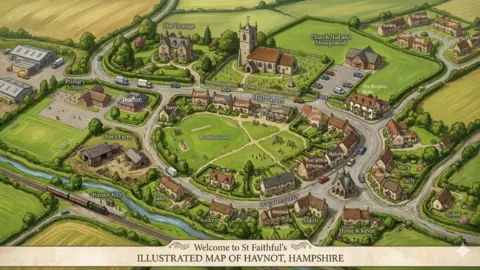 Canon Tom Kenner An illustrated map of the fictional village of Havnot, complete with church, a vicarage, houses and a farm.